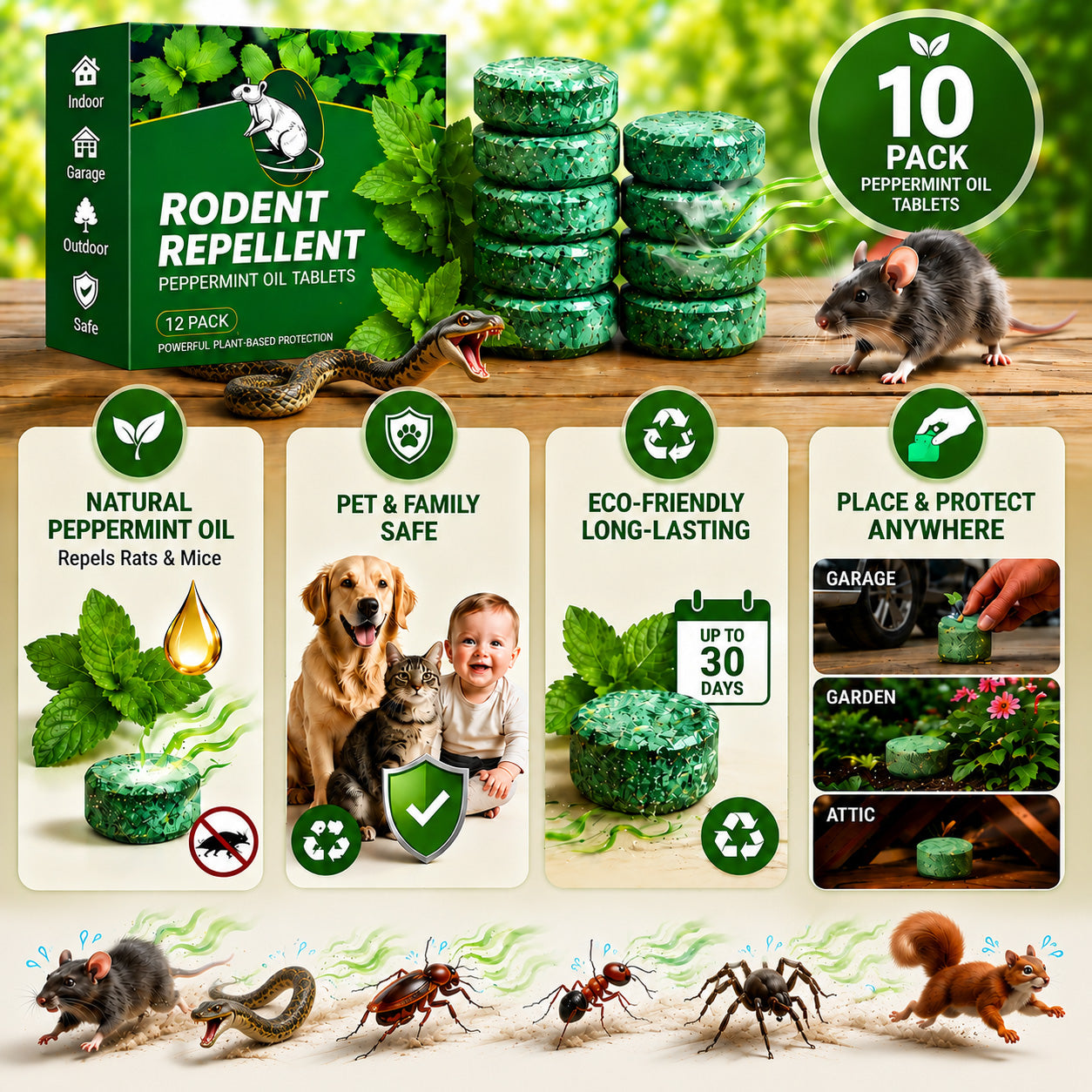🟢 Natural Peppermint Rodent Repellent Tablets – 12 Pack-up