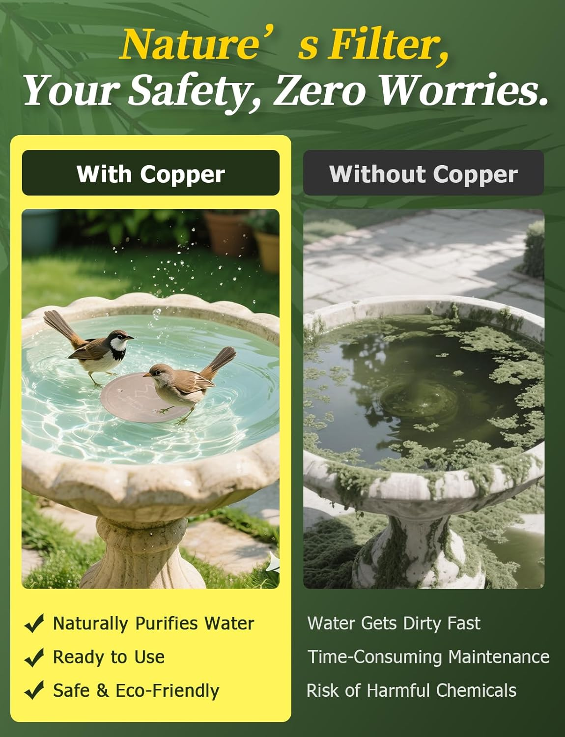 🥇ODALIT™ 99.99% Pure Copper Bird Bath Disk — Keep Your Birdbath Clean Naturally, All Season Long! No Chemicals, No Hassle.