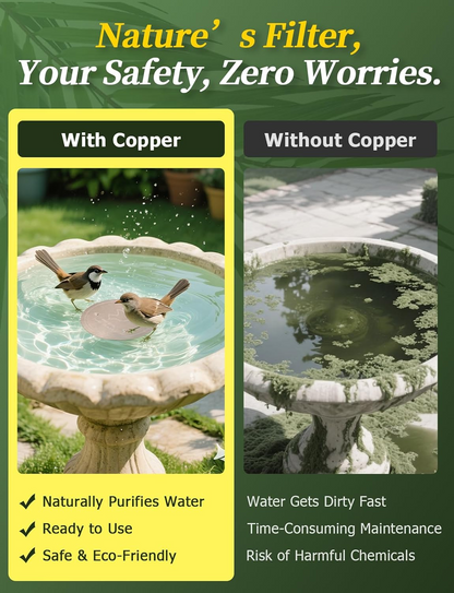 🥇ODALIT™ 99.99% Pure Copper Bird Bath Disk — Keep Your Birdbath Clean Naturally, All Season Long! No Chemicals, No Hassle.