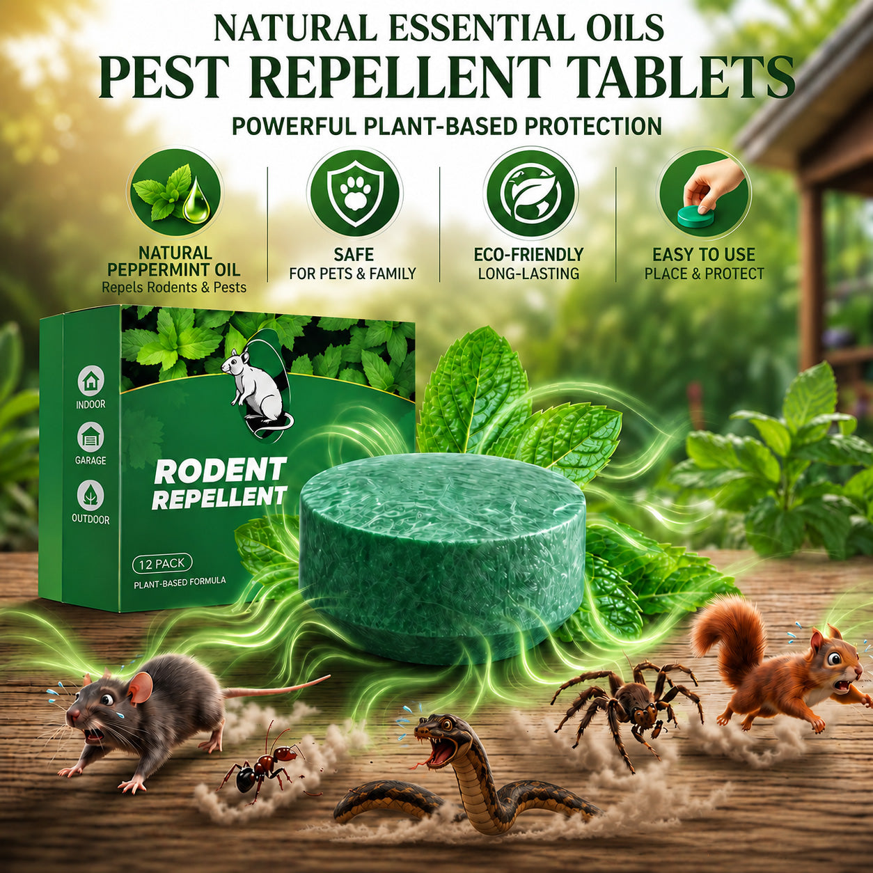 🟢 Natural Peppermint Rodent Repellent Tablets – 12 Pack-up