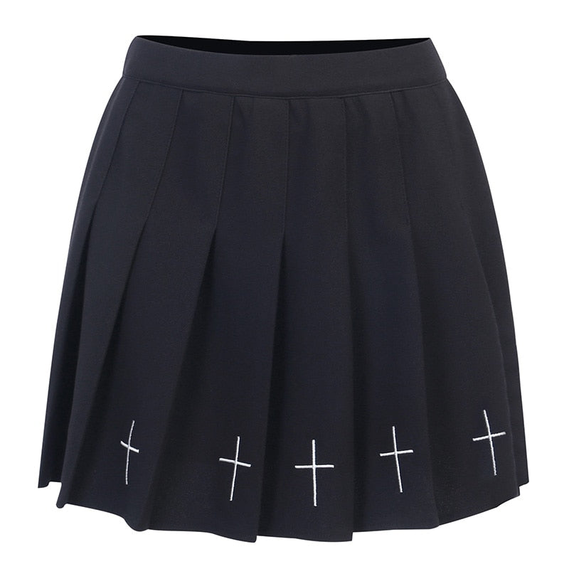 Hot High Waist Mini Skirt Black Streetwear Cross Print Pleated Women Skirt